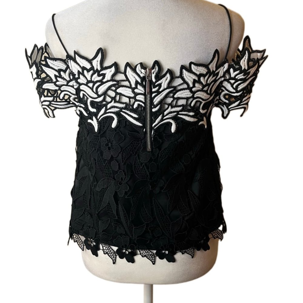 Topshop Black & White Floral Lace Cold Shoulder / Spaghetti straps  Top  Size 2 - Picture 12 of 14